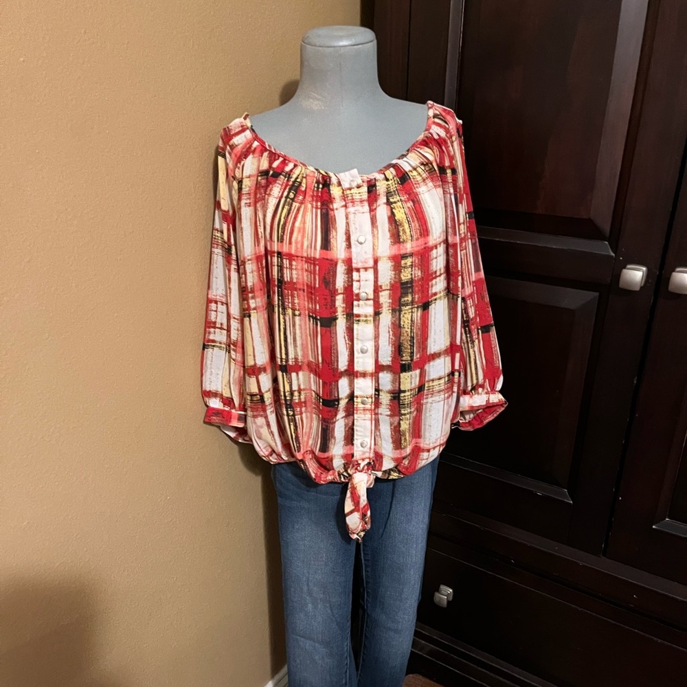 My Michelle Crochet Tie Button Down Blouse
